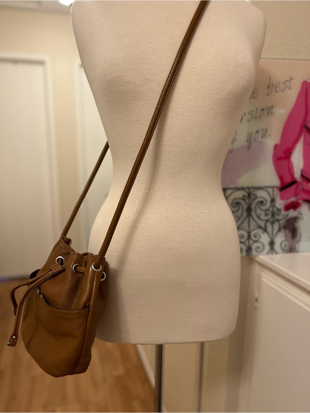 Tignanello Caramel Brown Pebbled Leather Drawstring Crossbody - Picture 6 of 10